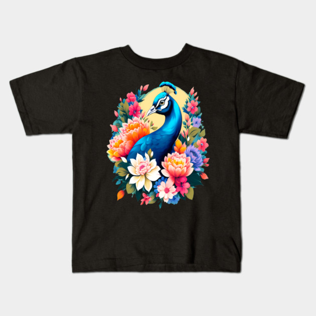 A Cute Peacock Surrounded by Bold Vibrant Spring Flowers Kids T-Shirt by BirdsnStuff