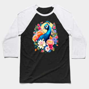 A Cute Peacock Surrounded by Bold Vibrant Spring Flowers Baseball T-Shirt