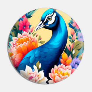 A Cute Peacock Surrounded by Bold Vibrant Spring Flowers Pin
