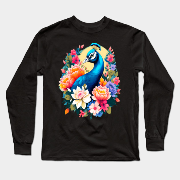 A Cute Peacock Surrounded by Bold Vibrant Spring Flowers Long Sleeve T-Shirt by BirdsnStuff