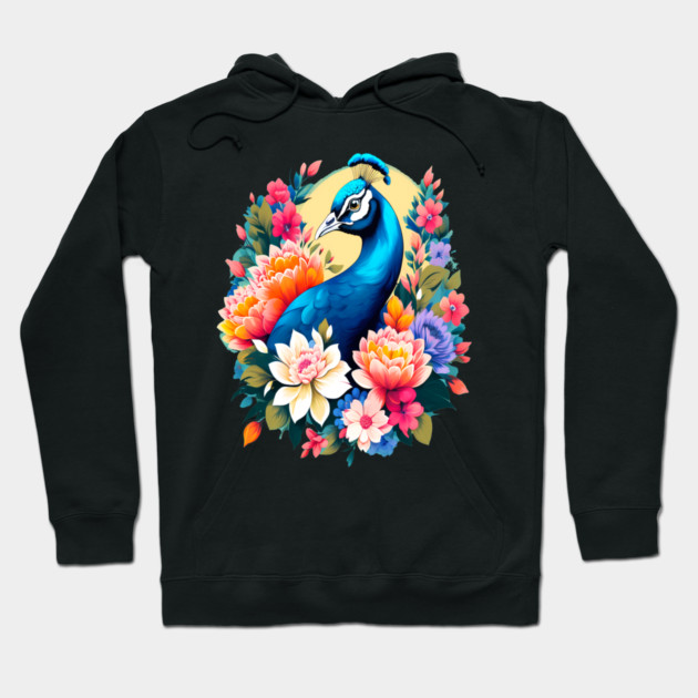 A Cute Peacock Surrounded by Bold Vibrant Spring Flowers Hoodie by BirdsnStuff