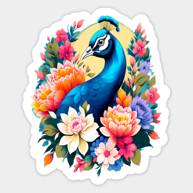 A Cute Peacock Surrounded by Bold Vibrant Spring Flowers Magnet by BirdsnStuff