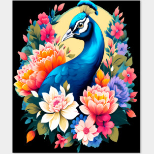 A Cute Peacock Surrounded by Bold Vibrant Spring Flowers Posters and Art