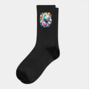 A Cute Peacock Surrounded by Bold Vibrant Spring Flowers Socks