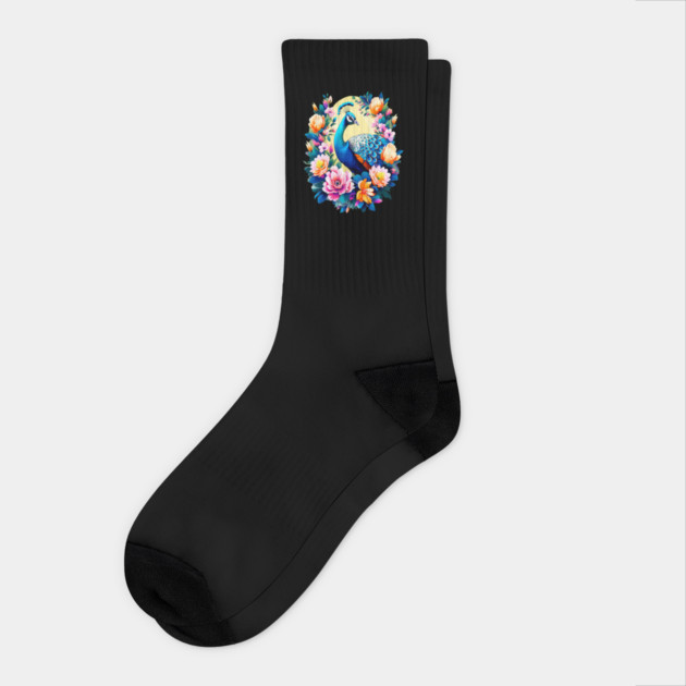A Cute Peacock Surrounded by Bold Vibrant Spring Flowers Socks by BirdsnStuff