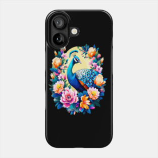 A Cute Peacock Surrounded by Bold Vibrant Spring Flowers Phone Case