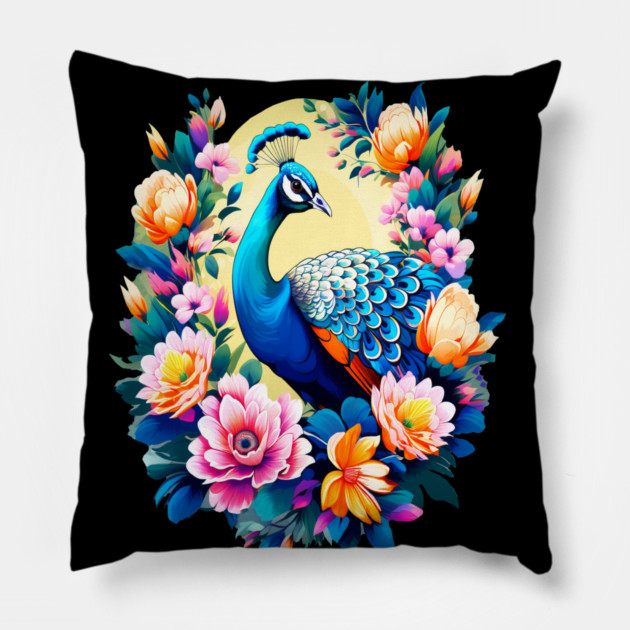 A Cute Peacock Surrounded by Bold Vibrant Spring Flowers Pillow by BirdsnStuff