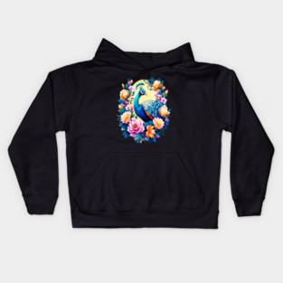 A Cute Peacock Surrounded by Bold Vibrant Spring Flowers Kids Hoodie