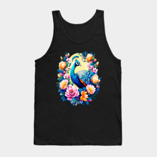 A Cute Peacock Surrounded by Bold Vibrant Spring Flowers Tank Top