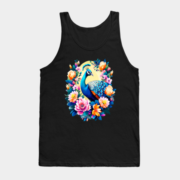 A Cute Peacock Surrounded by Bold Vibrant Spring Flowers Tank Top by BirdsnStuff