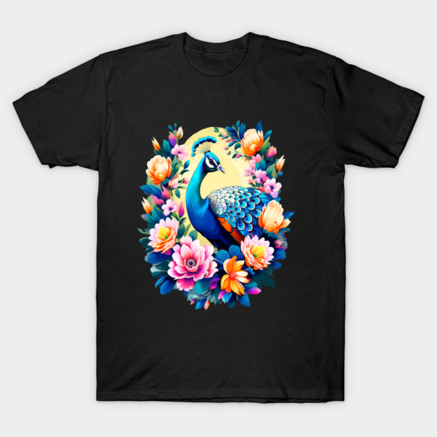A Cute Peacock Surrounded by Bold Vibrant Spring Flowers T-Shirt by BirdsnStuff