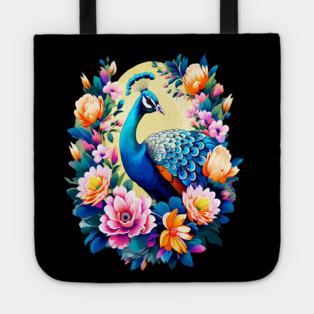 A Cute Peacock Surrounded by Bold Vibrant Spring Flowers Tote by BirdsnStuff