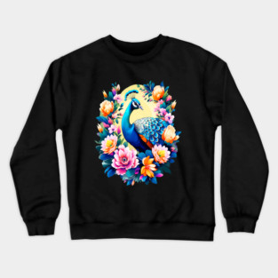 A Cute Peacock Surrounded by Bold Vibrant Spring Flowers Crewneck Sweatshirt