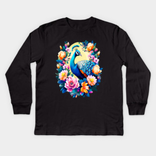 A Cute Peacock Surrounded by Bold Vibrant Spring Flowers Kids Long Sleeve T-Shirt