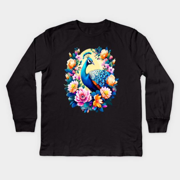 A Cute Peacock Surrounded by Bold Vibrant Spring Flowers Kids Long Sleeve T-Shirt by BirdsnStuff