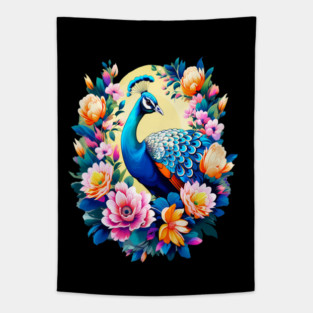 A Cute Peacock Surrounded by Bold Vibrant Spring Flowers Tapestry