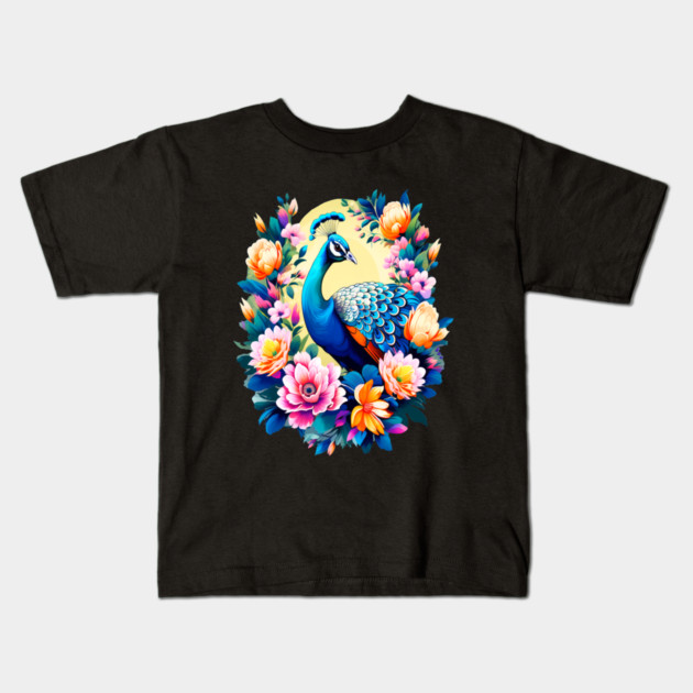 A Cute Peacock Surrounded by Bold Vibrant Spring Flowers Kids T-Shirt by BirdsnStuff