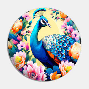 A Cute Peacock Surrounded by Bold Vibrant Spring Flowers Pin