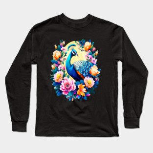 A Cute Peacock Surrounded by Bold Vibrant Spring Flowers Long Sleeve T-Shirt
