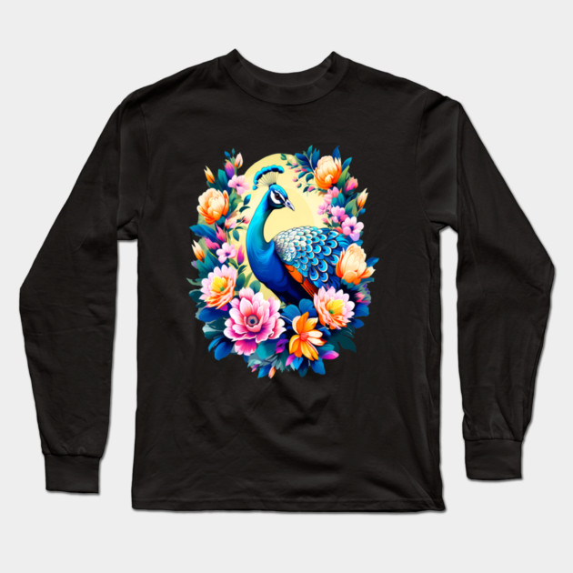 A Cute Peacock Surrounded by Bold Vibrant Spring Flowers Long Sleeve T-Shirt by BirdsnStuff