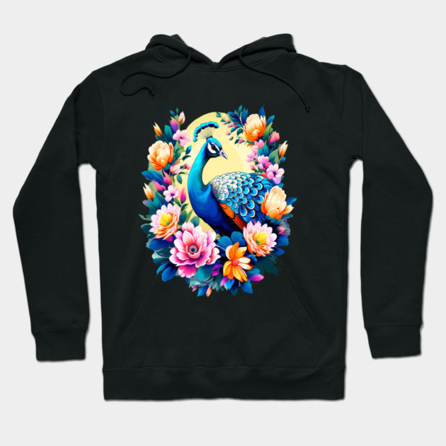 A Cute Peacock Surrounded by Bold Vibrant Spring Flowers Hoodie by BirdsnStuff