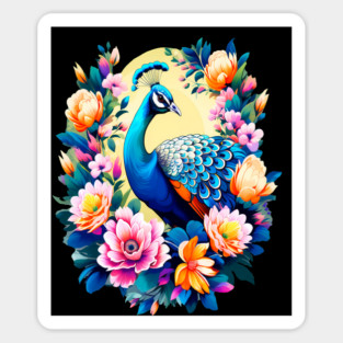 A Cute Peacock Surrounded by Bold Vibrant Spring Flowers Sticker