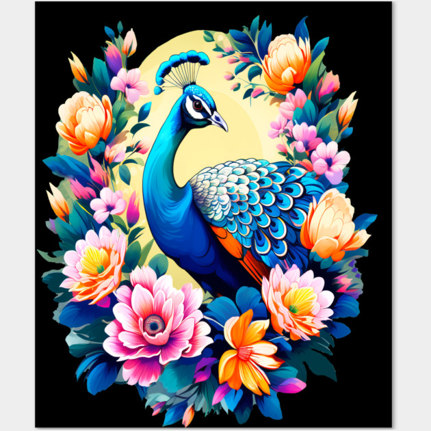 A Cute Peacock Surrounded by Bold Vibrant Spring Flowers Wall Art by BirdsnStuff