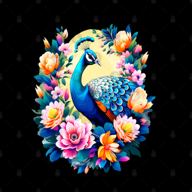 A Cute Peacock Surrounded by Bold Vibrant Spring Flowers by BirdsnStuff