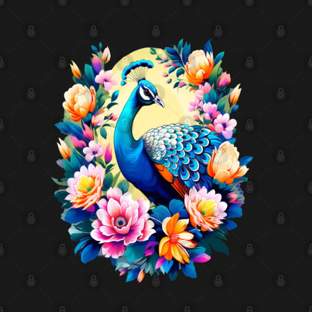 A Cute Peacock Surrounded by Bold Vibrant Spring Flowers by BirdsnStuff