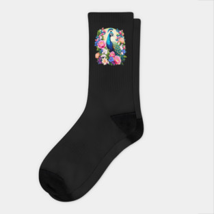 A Cute Peacock Surrounded by Bold Vibrant Spring Flowers Socks