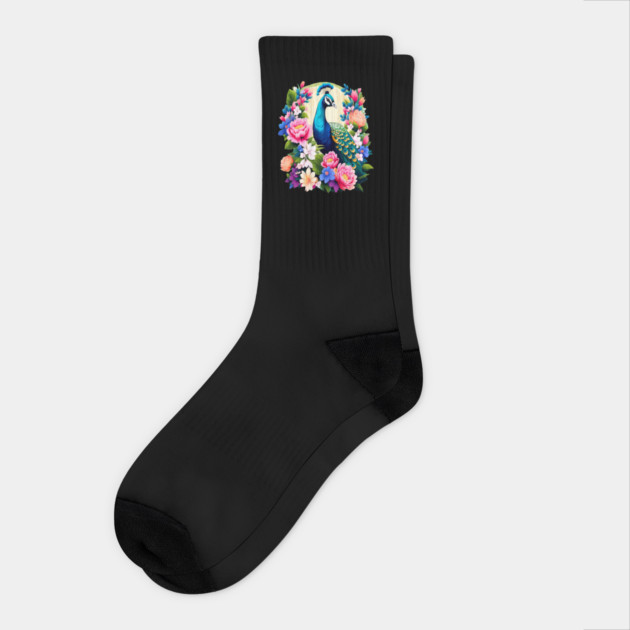 A Cute Peacock Surrounded by Bold Vibrant Spring Flowers Socks by BirdsnStuff