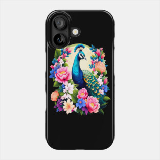A Cute Peacock Surrounded by Bold Vibrant Spring Flowers Phone Case