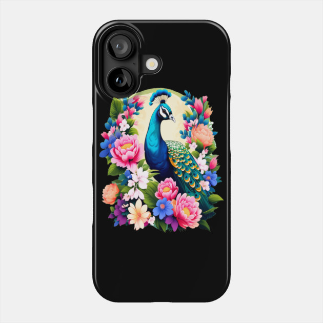 A Cute Peacock Surrounded by Bold Vibrant Spring Flowers Phone Case by BirdsnStuff