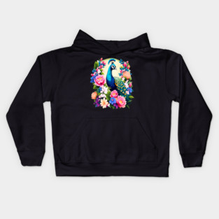 A Cute Peacock Surrounded by Bold Vibrant Spring Flowers Kids Hoodie