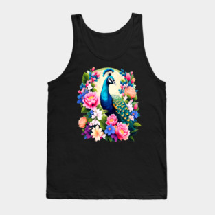 A Cute Peacock Surrounded by Bold Vibrant Spring Flowers Tank Top