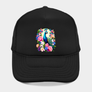 A Cute Peacock Surrounded by Bold Vibrant Spring Flowers Hat