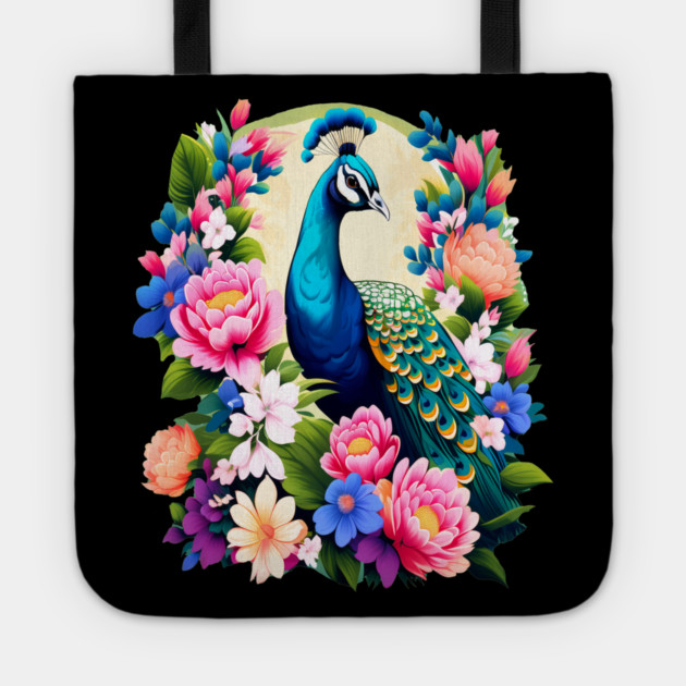 A Cute Peacock Surrounded by Bold Vibrant Spring Flowers Tote by BirdsnStuff