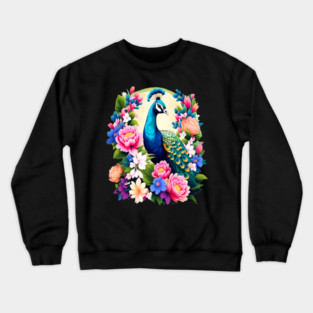 A Cute Peacock Surrounded by Bold Vibrant Spring Flowers Crewneck Sweatshirt