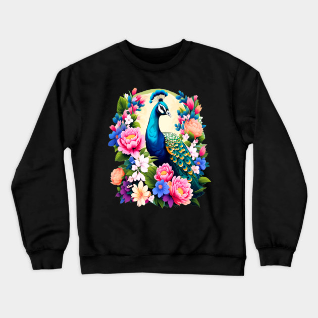 A Cute Peacock Surrounded by Bold Vibrant Spring Flowers Crewneck Sweatshirt by BirdsnStuff