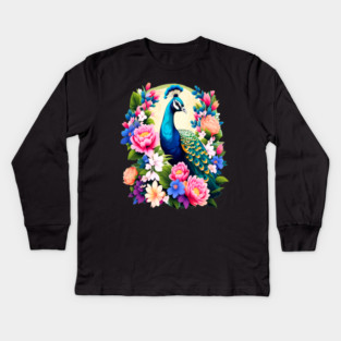 A Cute Peacock Surrounded by Bold Vibrant Spring Flowers Kids Long Sleeve T-Shirt