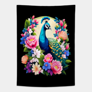 A Cute Peacock Surrounded by Bold Vibrant Spring Flowers Tapestry
