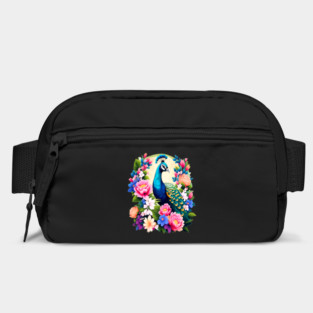 A Cute Peacock Surrounded by Bold Vibrant Spring Flowers Bag