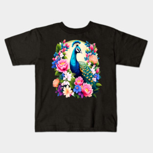 A Cute Peacock Surrounded by Bold Vibrant Spring Flowers Kids T-Shirt