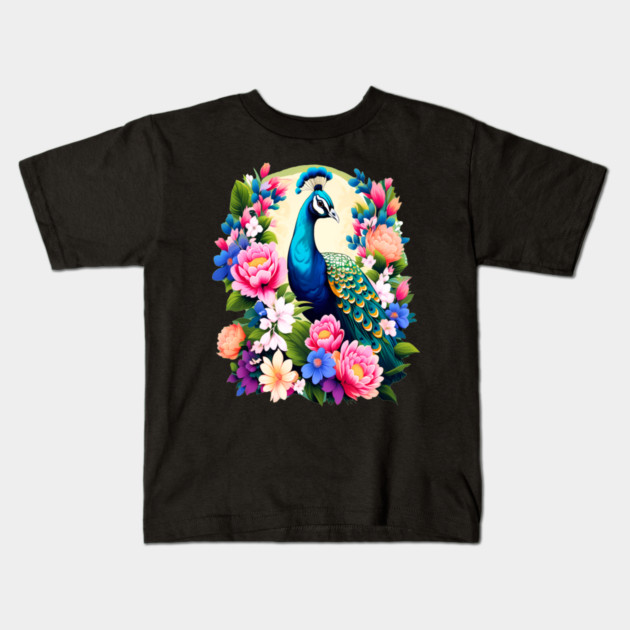 A Cute Peacock Surrounded by Bold Vibrant Spring Flowers Kids T-Shirt by BirdsnStuff