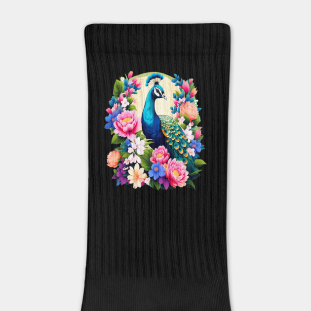 A Cute Peacock Surrounded by Bold Vibrant Spring Flowers by BirdsnStuff