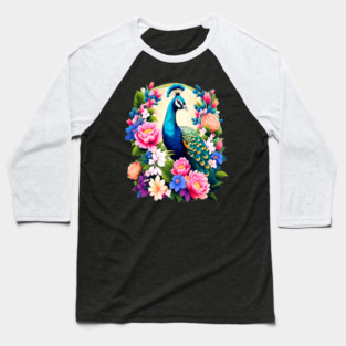 A Cute Peacock Surrounded by Bold Vibrant Spring Flowers Baseball T-Shirt