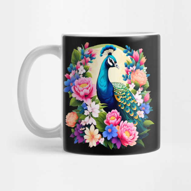 A Cute Peacock Surrounded by Bold Vibrant Spring Flowers by BirdsnStuff