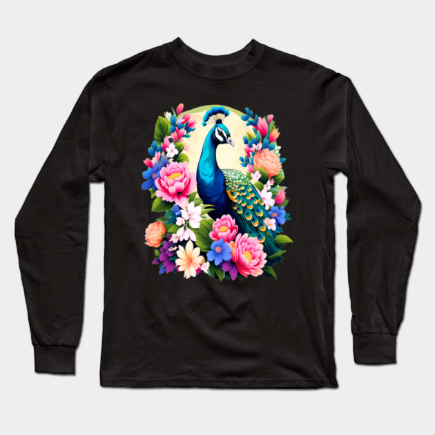 A Cute Peacock Surrounded by Bold Vibrant Spring Flowers Long Sleeve T-Shirt by BirdsnStuff