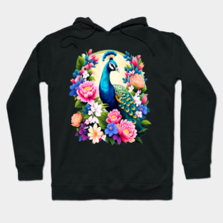 A Cute Peacock Surrounded by Bold Vibrant Spring Flowers Hoodie