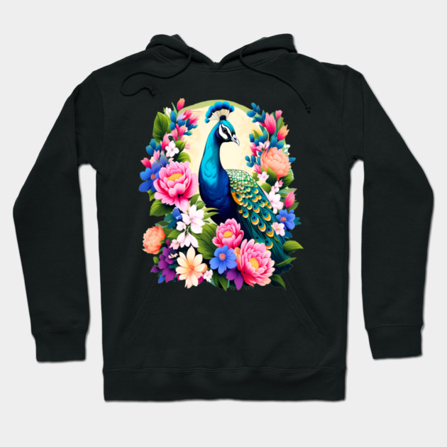 A Cute Peacock Surrounded by Bold Vibrant Spring Flowers Hoodie by BirdsnStuff